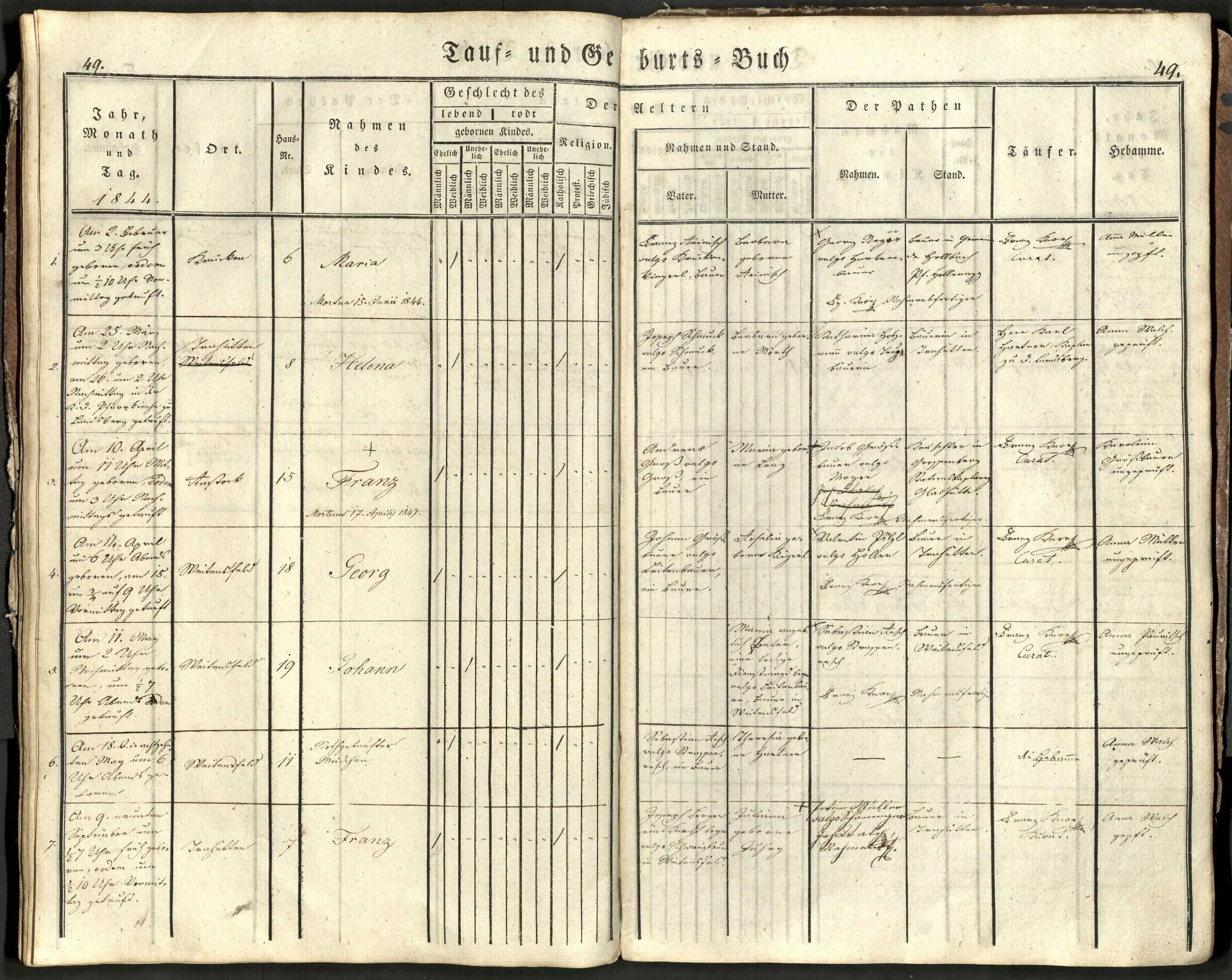Colonial European birth and baptism register, c.1844